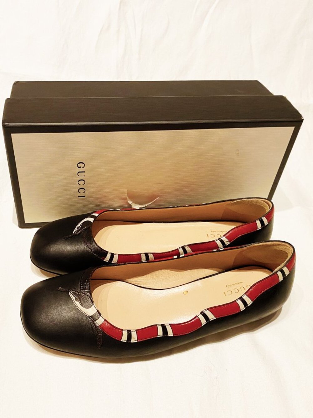 Gucci Kingsnake Leather Ballet Flats Black Red Square Toe IT 39.5 US Women's 9.5 - Picture 2 of 14